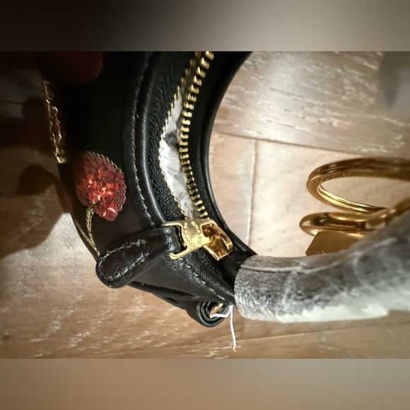 Coach Black Leather Poppy Floral Key Charm with Gold Hardware - Picture 5 of 8